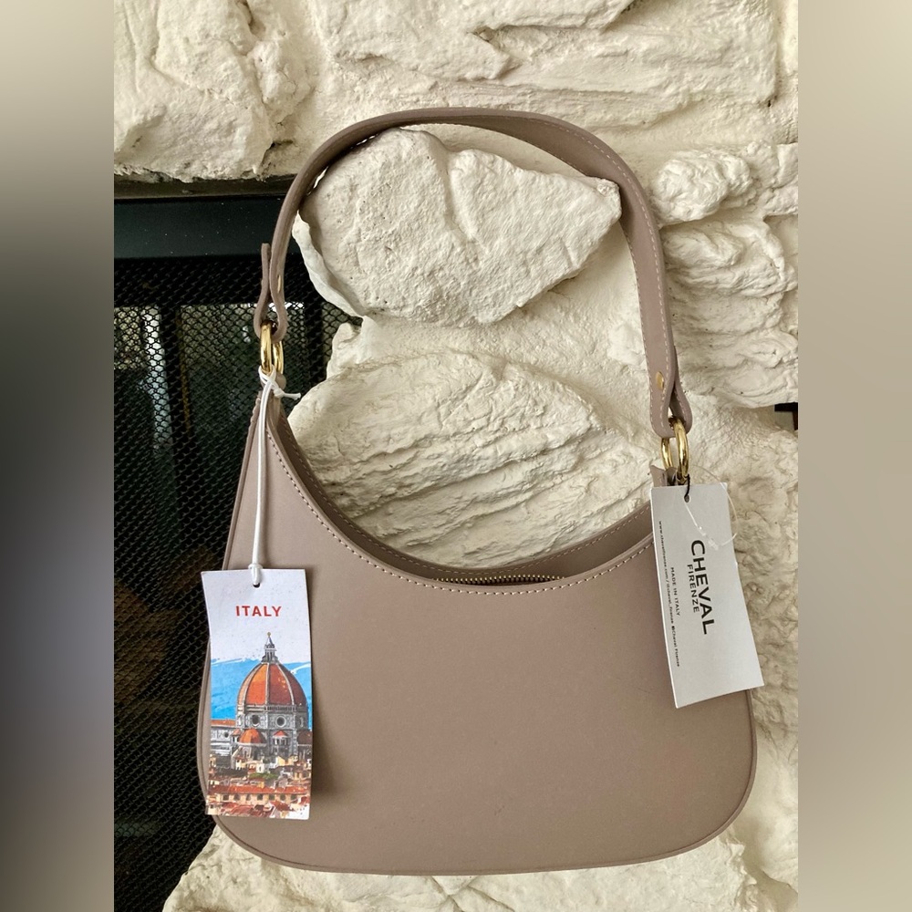 NWT Cheval Firenze taupe smooth leather handbag with asymmetrical shape